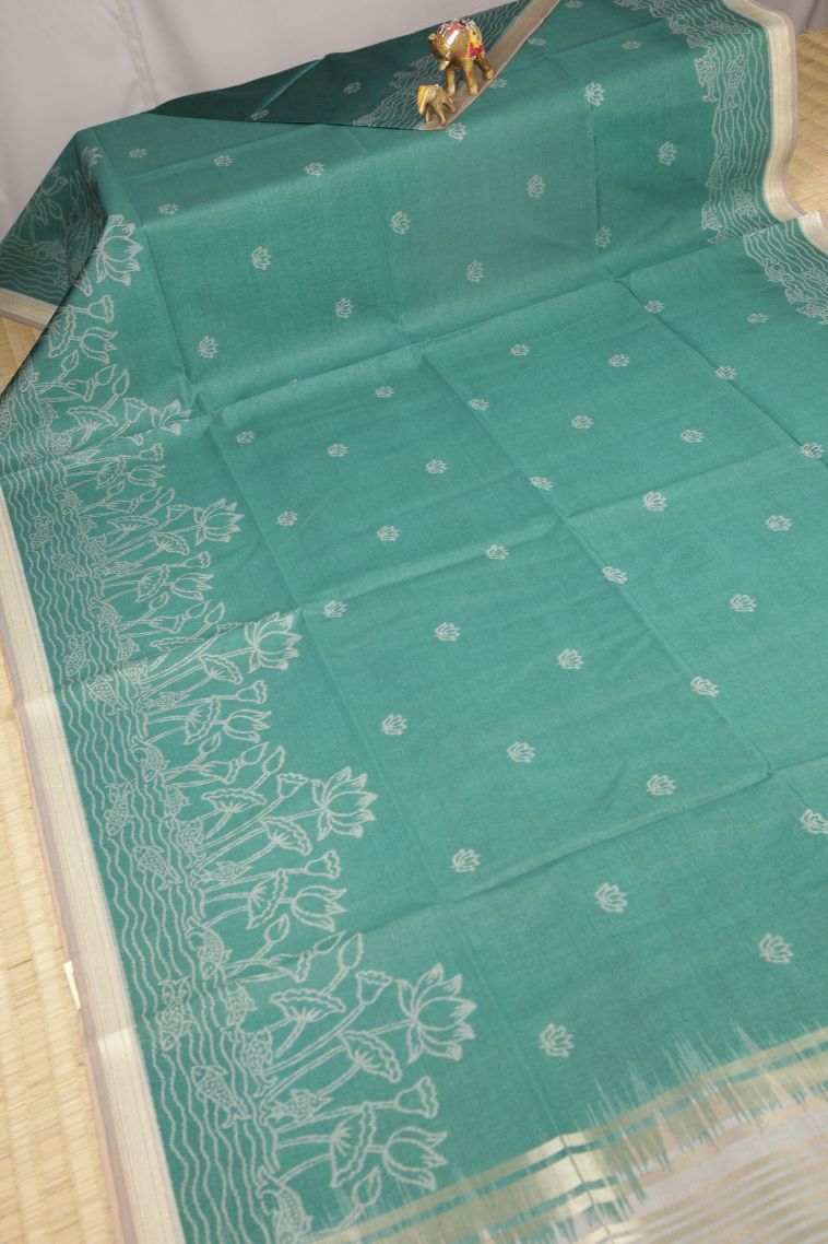 Cerulean Blue Tussar Saree with Bronze Zari Buttis (small Dots Or Motifs) view 2