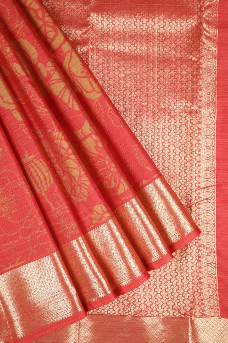 Fire Orange Soft Silk Sarees with Without Zari Zari Floral Patterns view 1