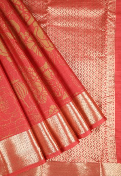 Fire Orange Soft Silk Sarees with Without Zari Zari Floral Patterns