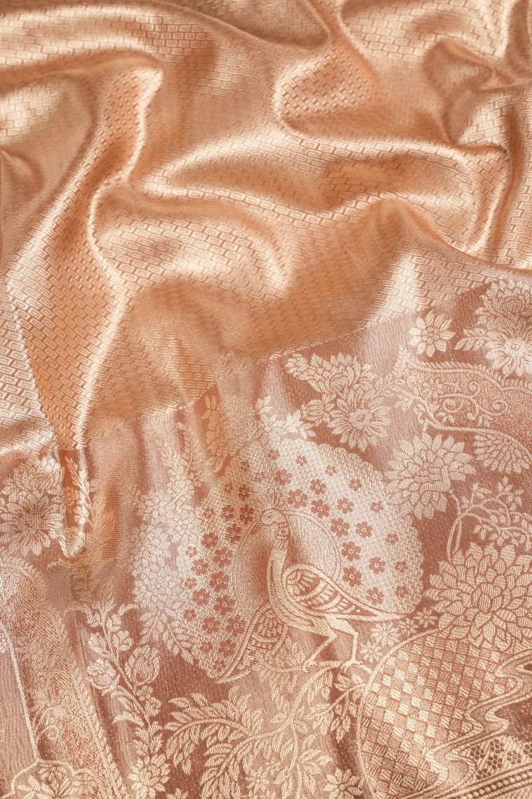 Cream White Tissue Silk Sarees with Copper Zari Floral Patterns view 3