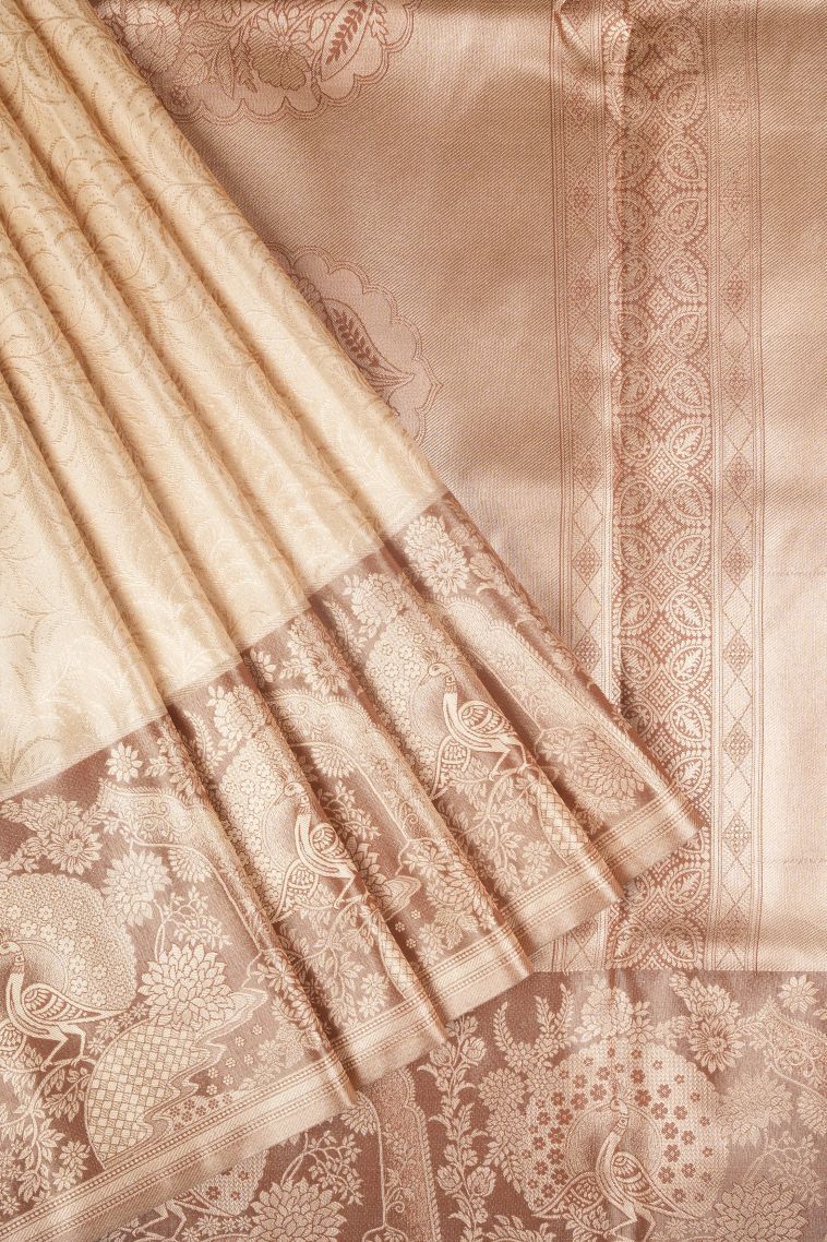 Cream White Tissue Silk Sarees with Copper Zari Floral Patterns view 1