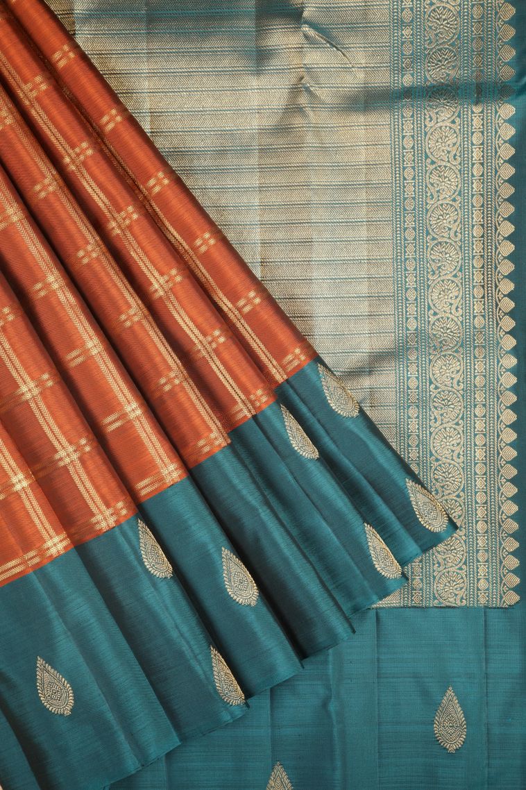 Bronze Orange Kanchipuram Silk Sarees with Gold Zari Checks view 1