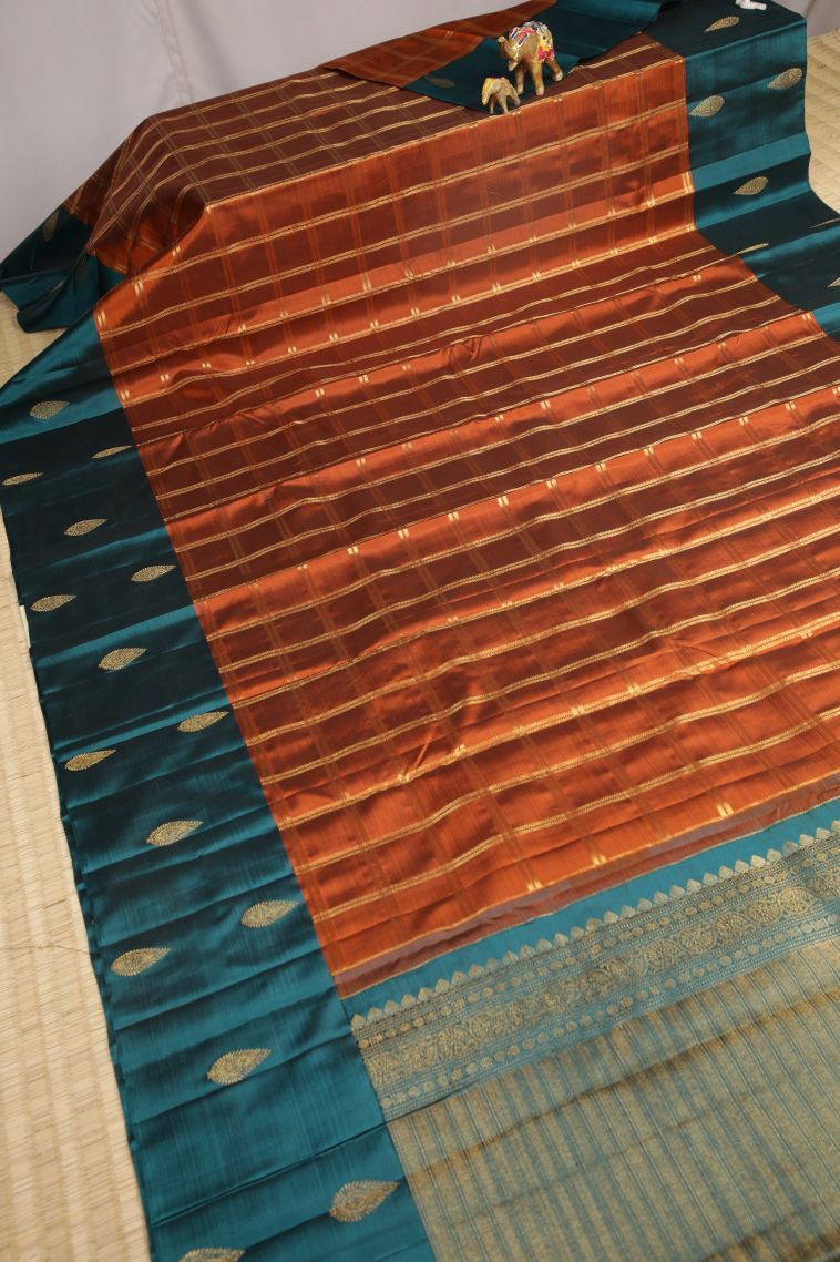 Bronze Orange Kanchipuram Silk Sarees with Gold Zari Checks view 2