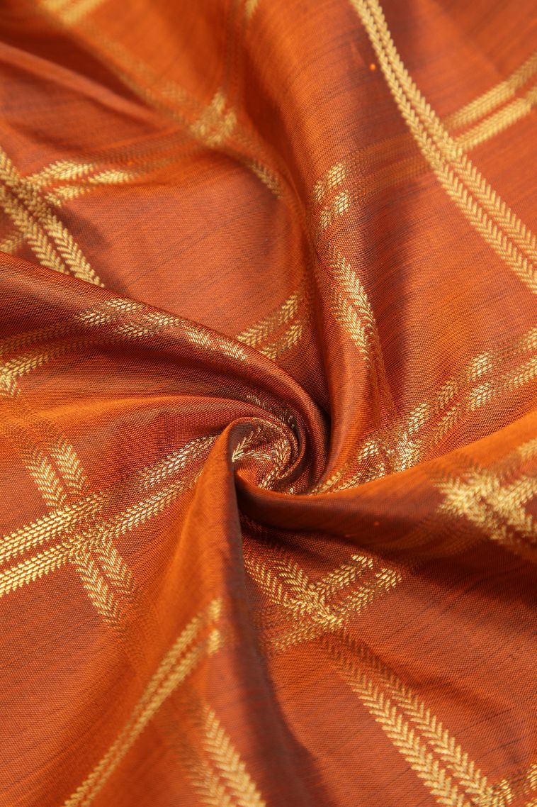 Bronze Orange Kanchipuram Silk Sarees with Gold Zari Checks view 4