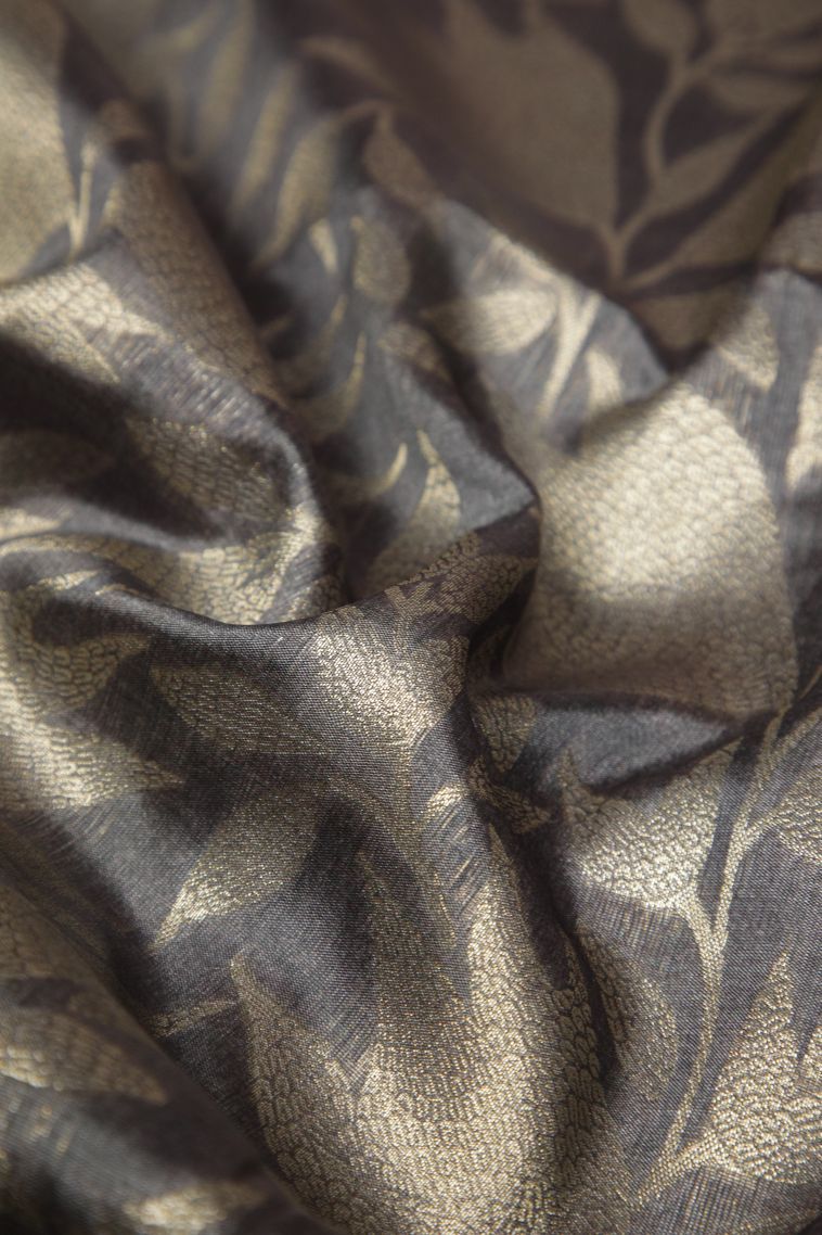 Charcoal Black Tussar Saree with Gold Zari Floral Patterns view 4
