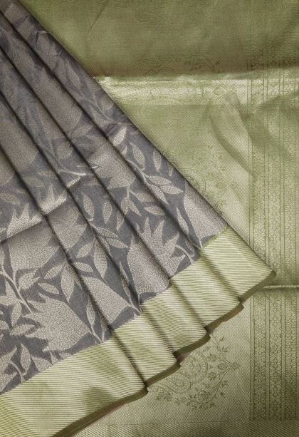 Charcoal Black Tussar Saree with Gold Zari Floral Patterns