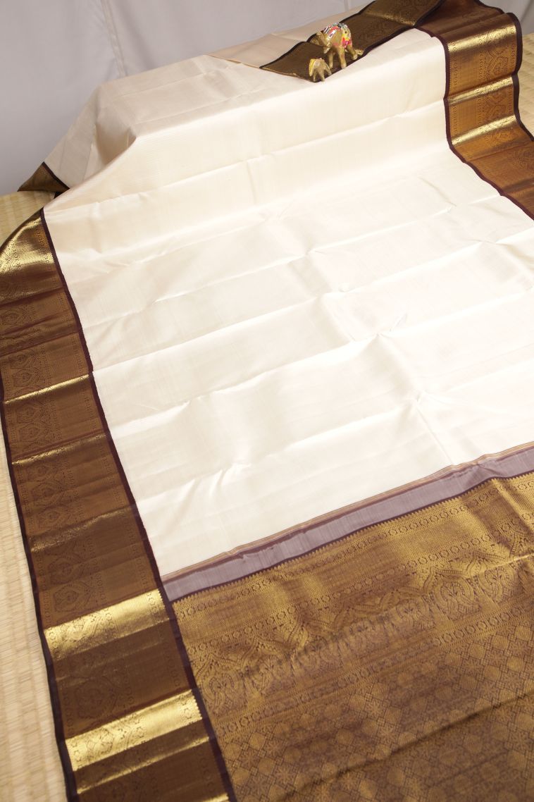Frost White Kanchipuram Silk Sarees with Gold Zari Stripes view 2