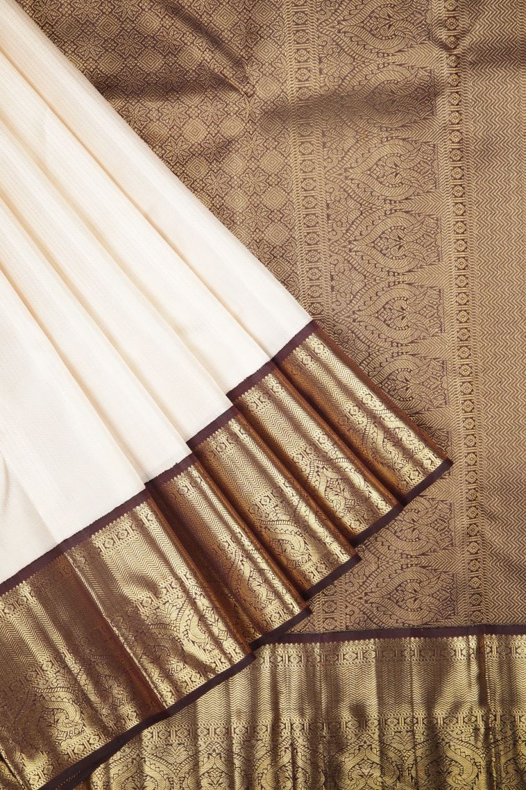 Frost White Kanchipuram Silk Sarees with Gold Zari Stripes view 1