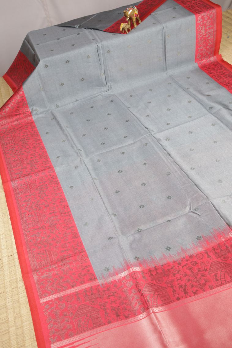 Gray Black Tussar Saree with Bronze Zari Buttis (small Dots Or Motifs) view 2