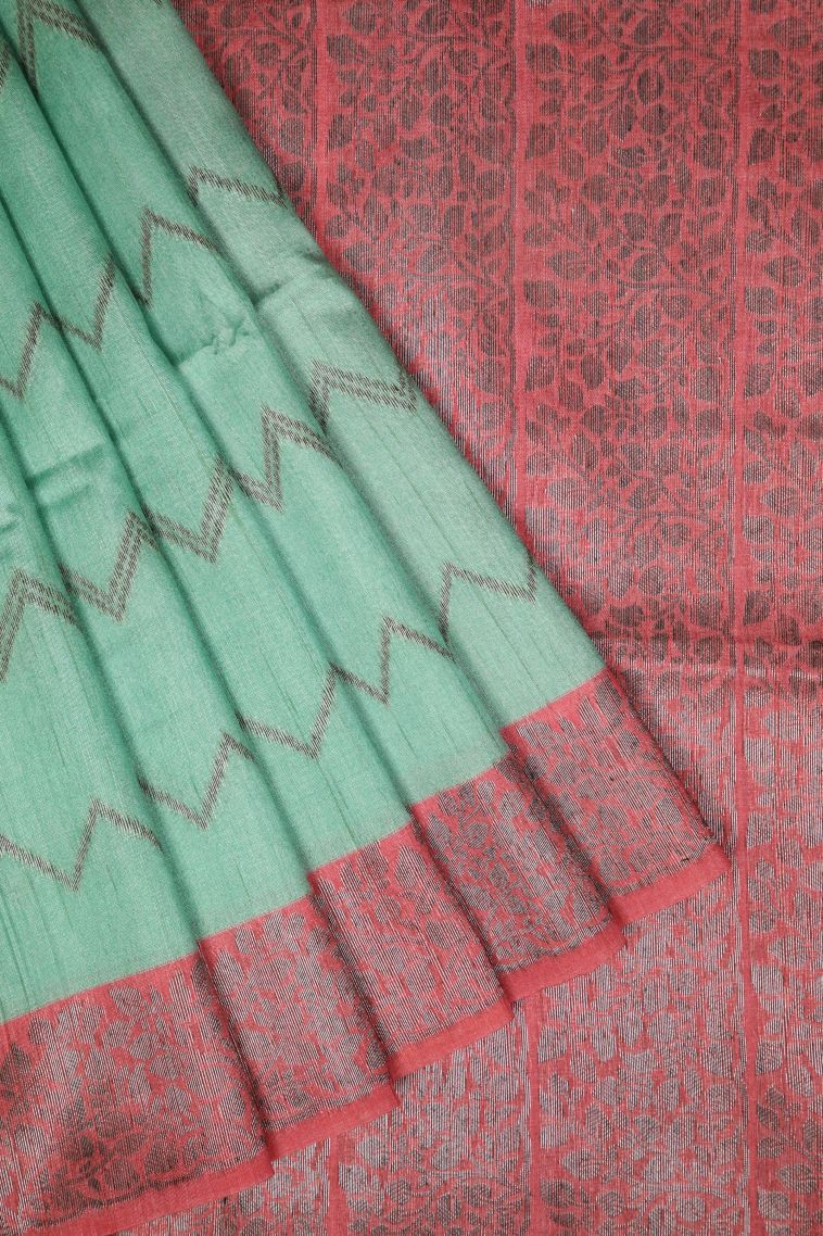 Arctic Blue Tussar Saree with Bronze Zari Stripes view 1