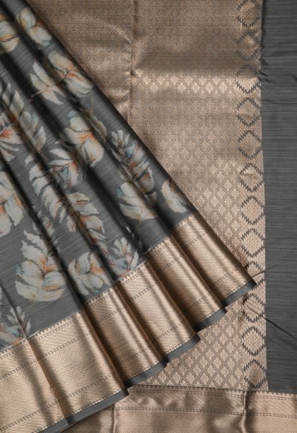 Gray Black Soft Silk Sarees with Without Zari Zari Floral Patterns