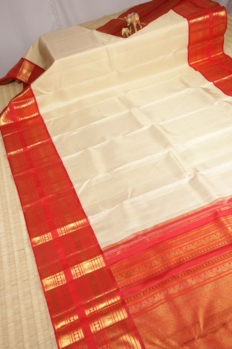 Cream White Kanchipuram Silk Sarees with Gold Zari Stripes view 2