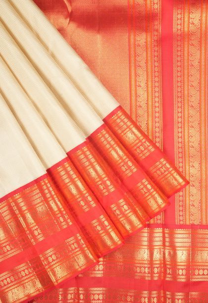 Cream White Kanchipuram Silk Sarees with Gold Zari Stripes