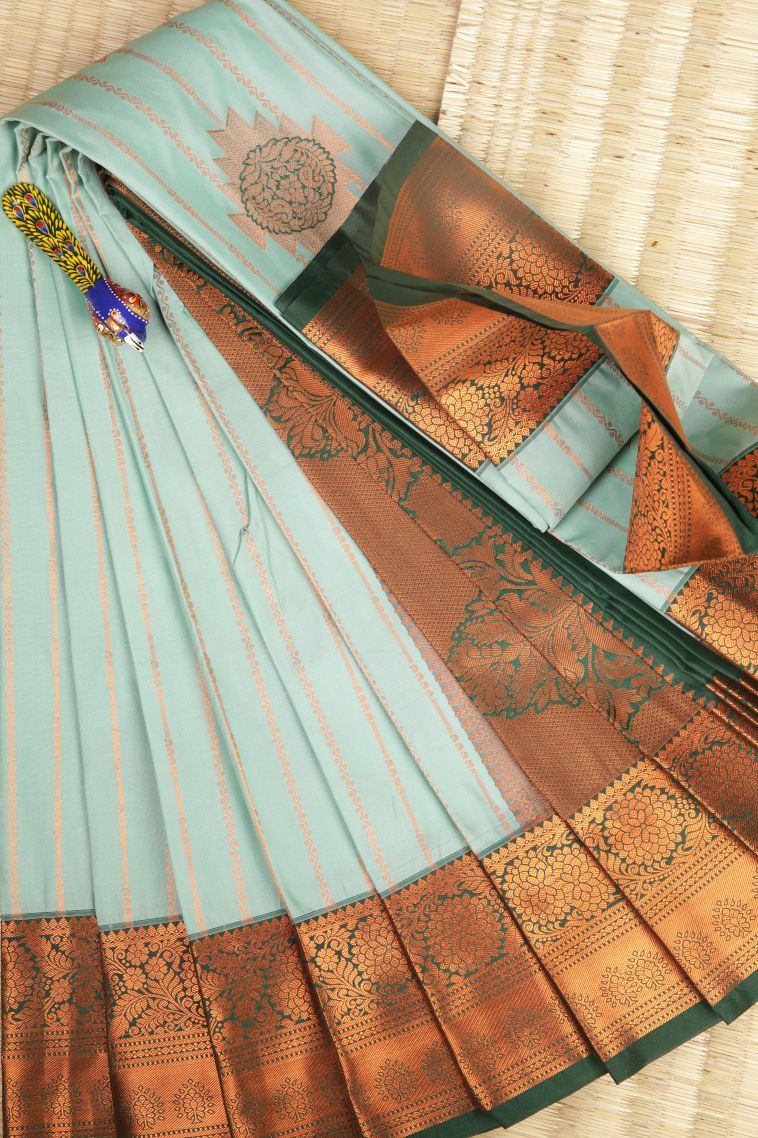 Arctic Blue Visiri Madippu Silk Sarees with Copper Zari Stripes view 1