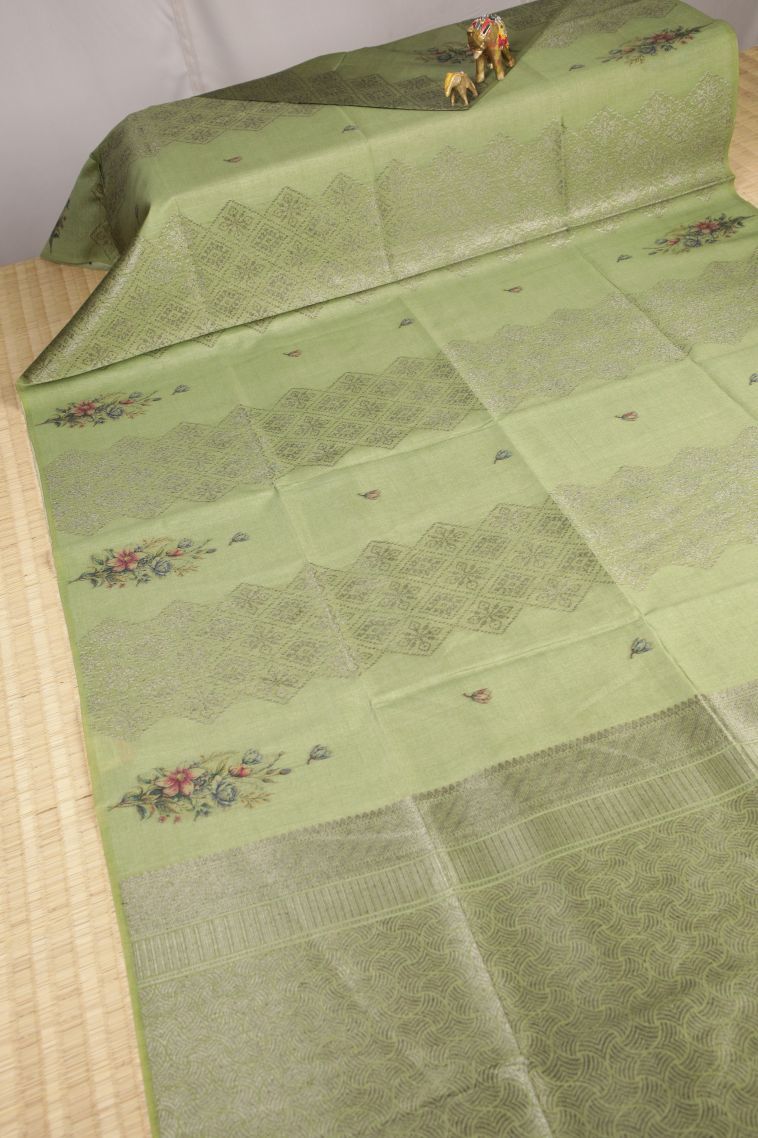 Moccon Green Tussar Saree with Bronze Zari Stripes view 2