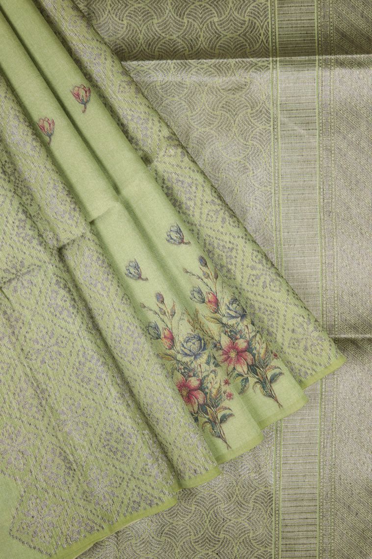 Moccon Green Tussar Saree with Bronze Zari Stripes view 1