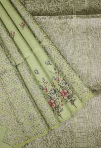 Moccon Green Tussar Saree with Bronze Zari Stripes