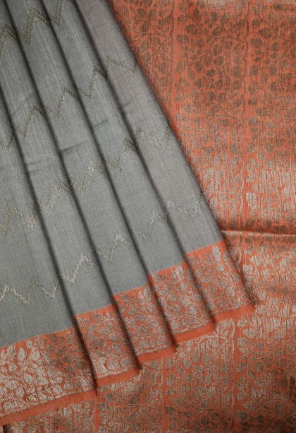 Gray Black Tussar Saree with Bronze Zari Buttis (small Dots Or Motifs)