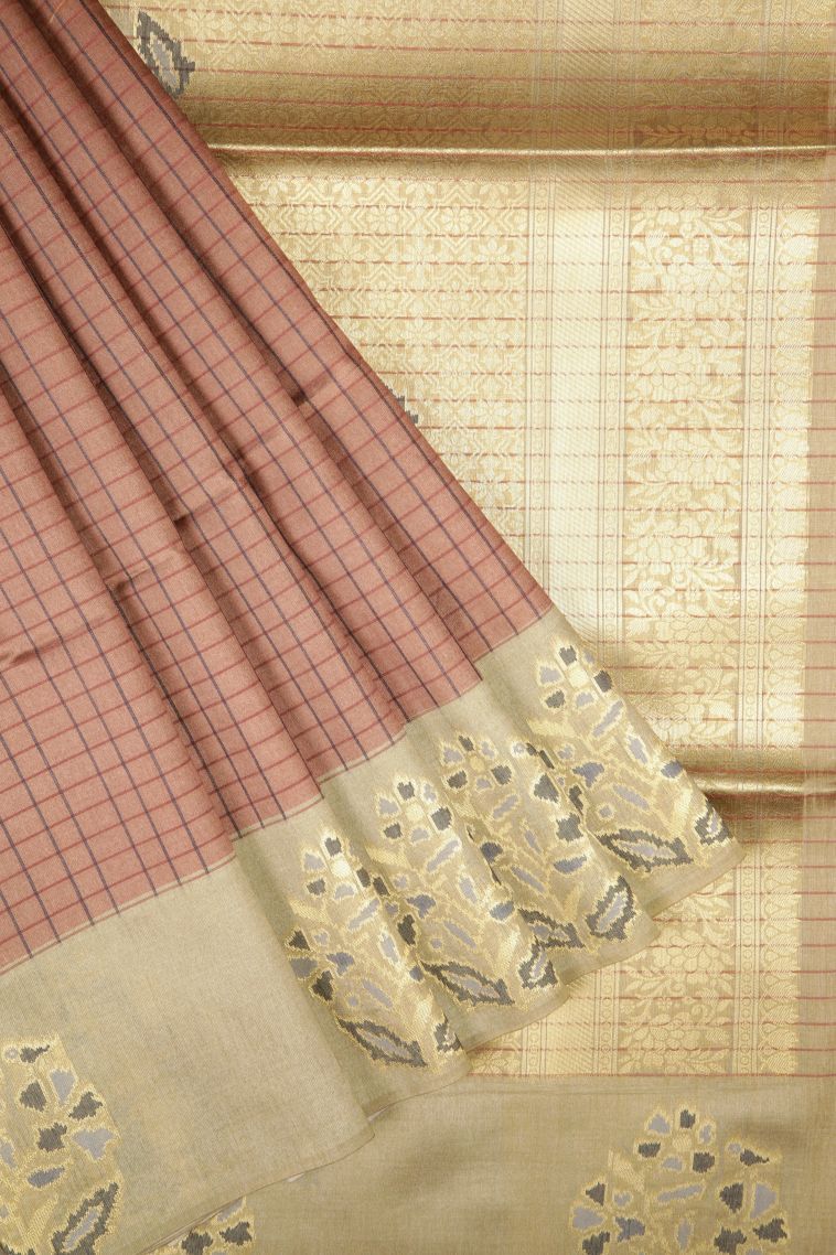 Tawny Brown Tussar Saree with Without Zari Zari Checks view 1