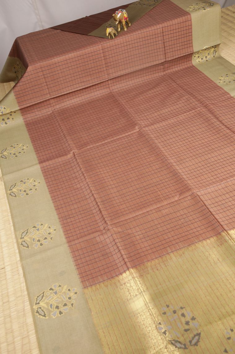 Tawny Brown Tussar Saree with Without Zari Zari Checks view 2