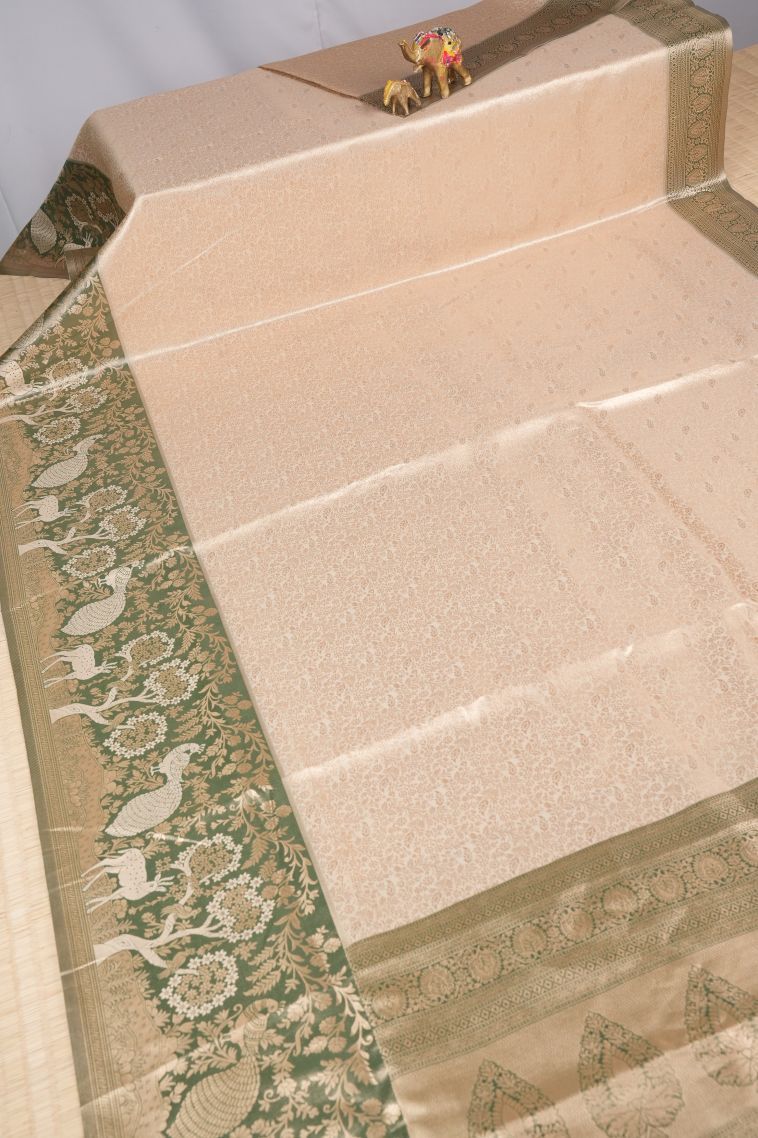 Cream White Tissue Silk Sarees with Copper Zari Floral Patterns view 2