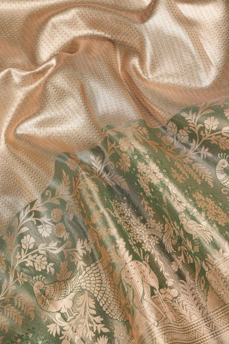 Cream White Tissue Silk Sarees with Copper Zari Floral Patterns view 3