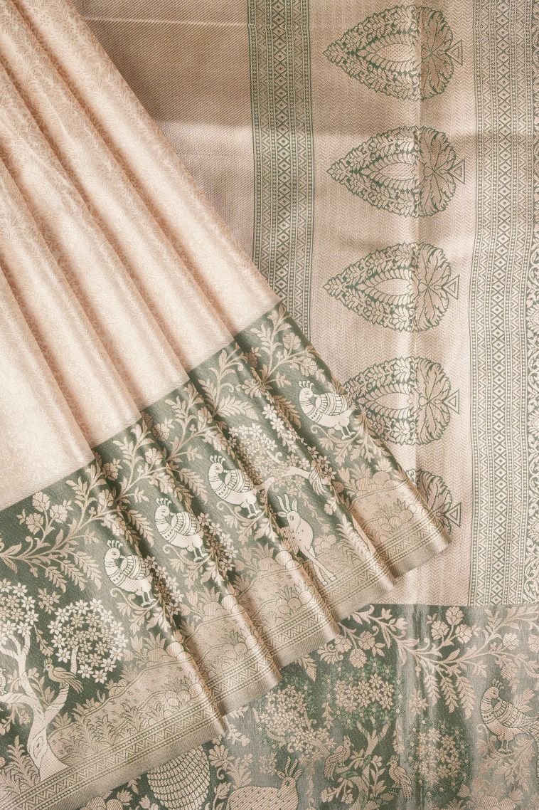 Cream White Tissue Silk Sarees with Copper Zari Floral Patterns view 1