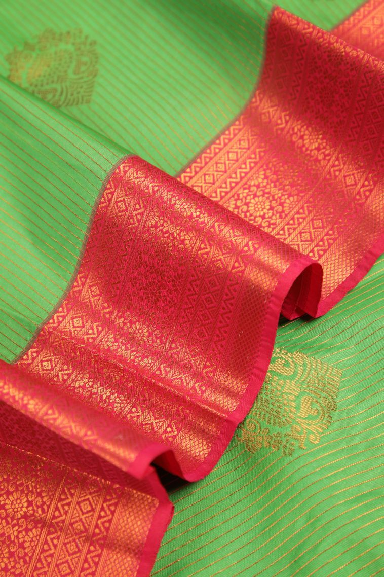 Basil Green Visiri Madippu Silk Sarees with Copper Zari Stripes view 4