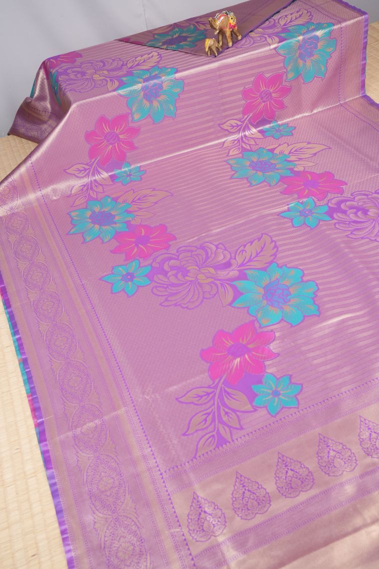 Lilac Purple Tissue Silk Sarees with Copper Zari Floral Patterns view 2