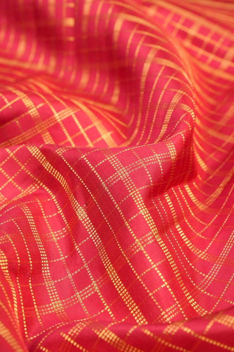 Candy Red Kanchipuram Silk Sarees with Gold Zari Checks view 4