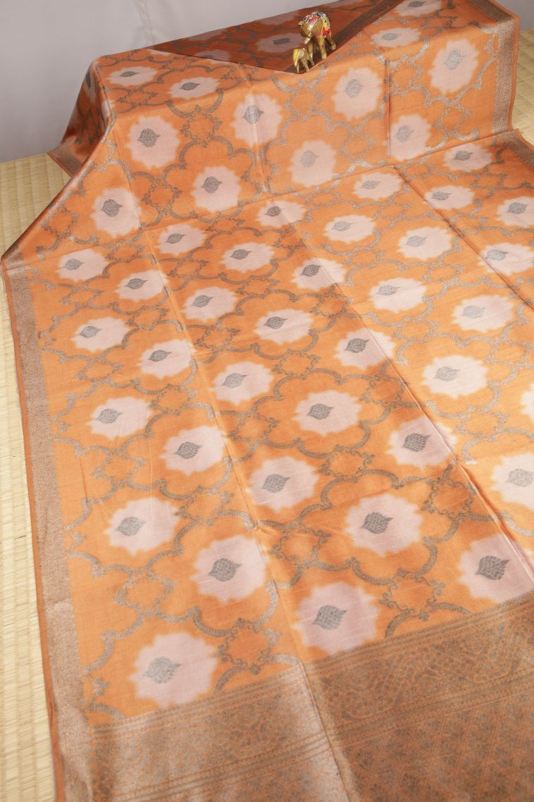 Apricot Orange Tussar Saree with Bronze Zari Floral Patterns view 2