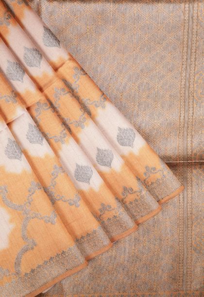 Apricot Orange Tussar Saree with Bronze Zari Floral Patterns