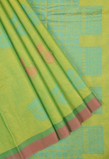 Lime Green Kovai Cotton Sarees with Without Zari Zari Buttis (small Dots Or Motifs)
