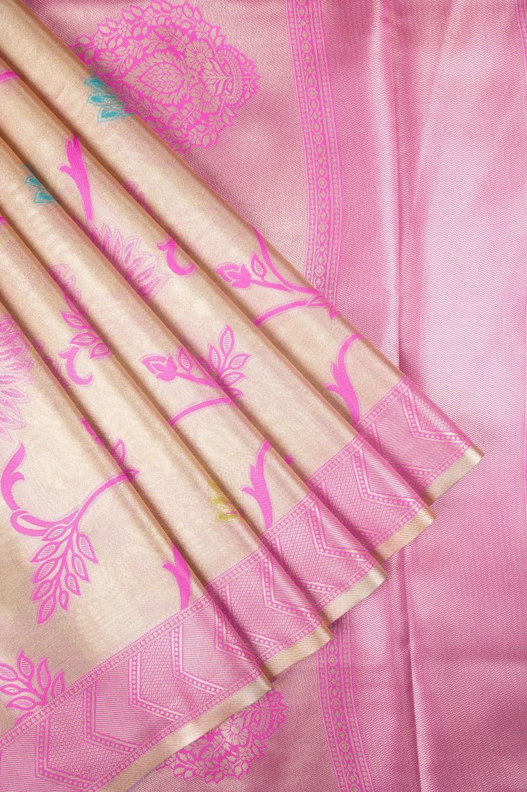 Gold Tissue Silk Sarees with Copper Zari Floral Patterns view 1