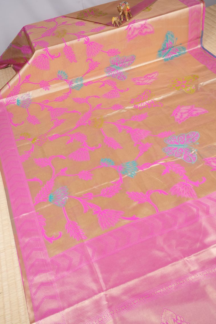 Gold Tissue Silk Sarees with Copper Zari Floral Patterns view 2