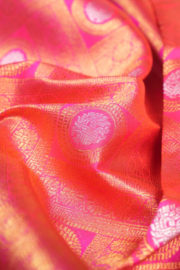 Punch Pink Kanchipuram Silk Sarees with Gold And Silver Zari Floral Patterns view 4