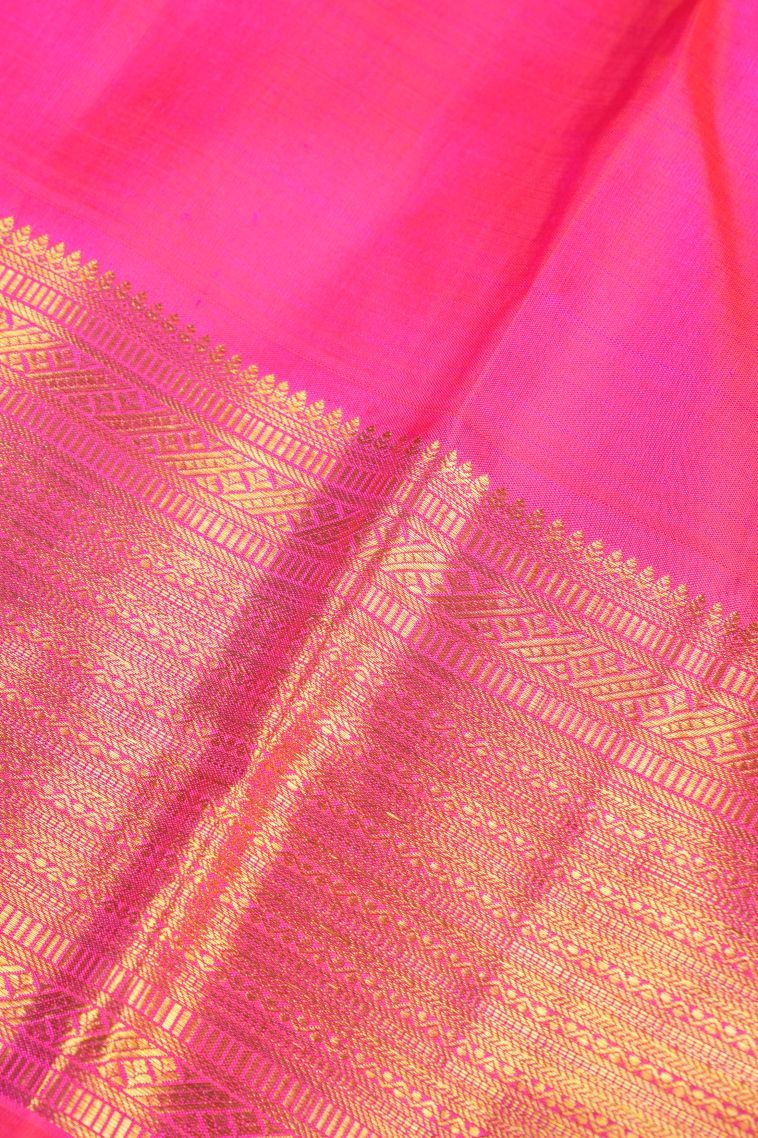 Punch Pink Kanchipuram Silk Sarees with Gold And Silver Zari Floral Patterns view 3