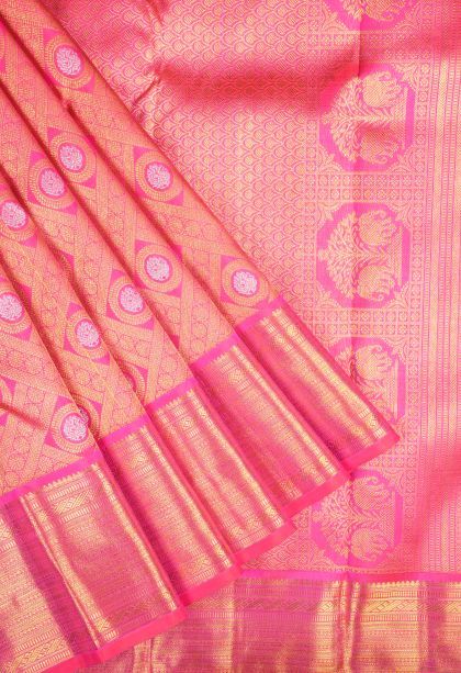 Punch Pink Kanchipuram Silk Sarees with Gold And Silver Zari Floral Patterns