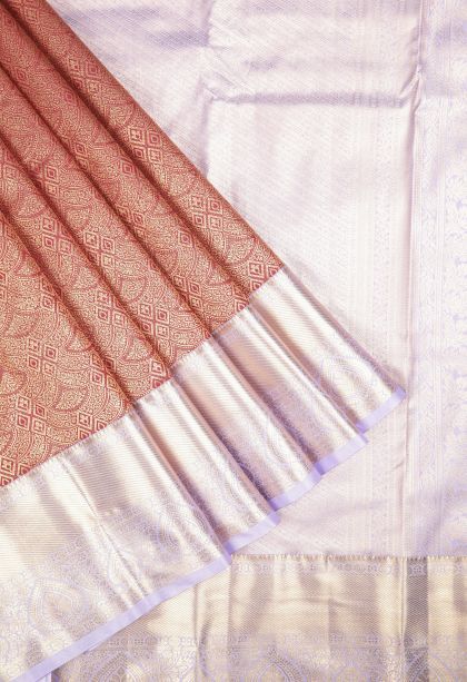Apple Red Samudrika Pattu with Copper Zari Floral Patterns