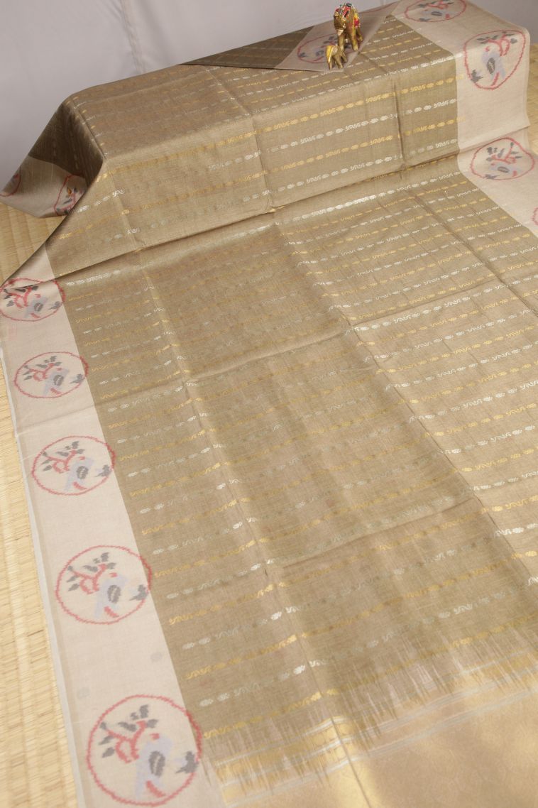 Tortilla Brown Tussar Saree with Gold And Silver Zari Stripes view 2