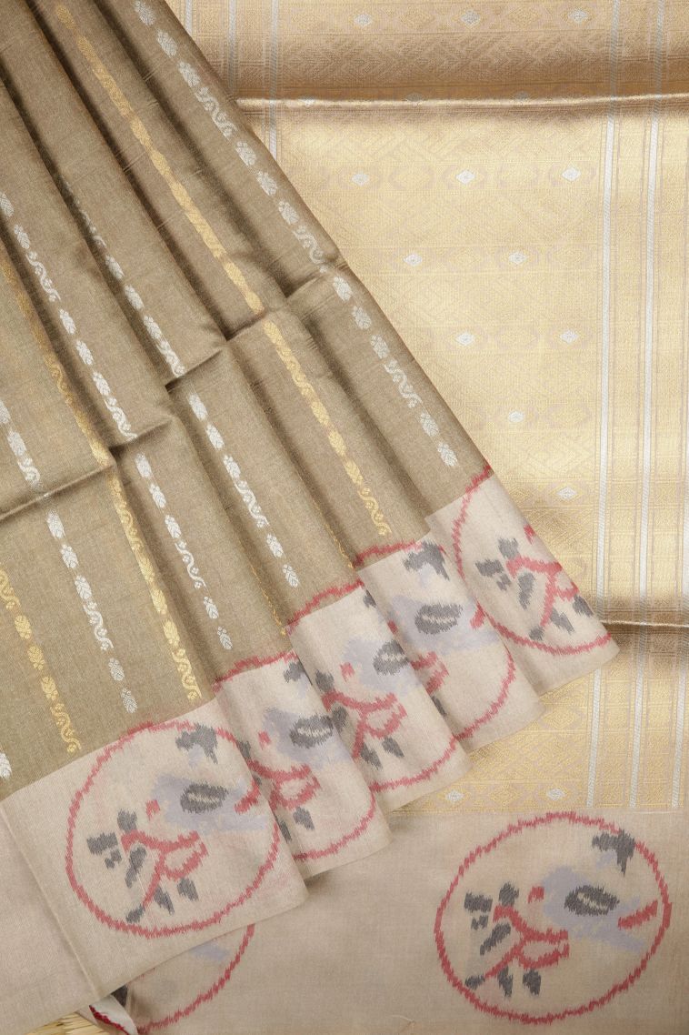 Tortilla Brown Tussar Saree with Gold And Silver Zari Stripes view 1