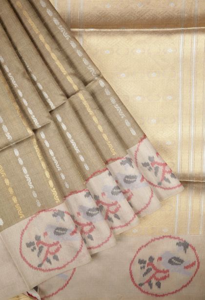 Tortilla Brown Tussar Saree with Gold And Silver Zari Stripes