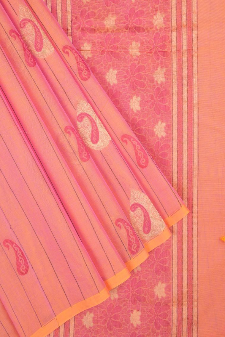 Peach Pink Kovai Cotton Sarees with Without Zari Zari Stripes view 1