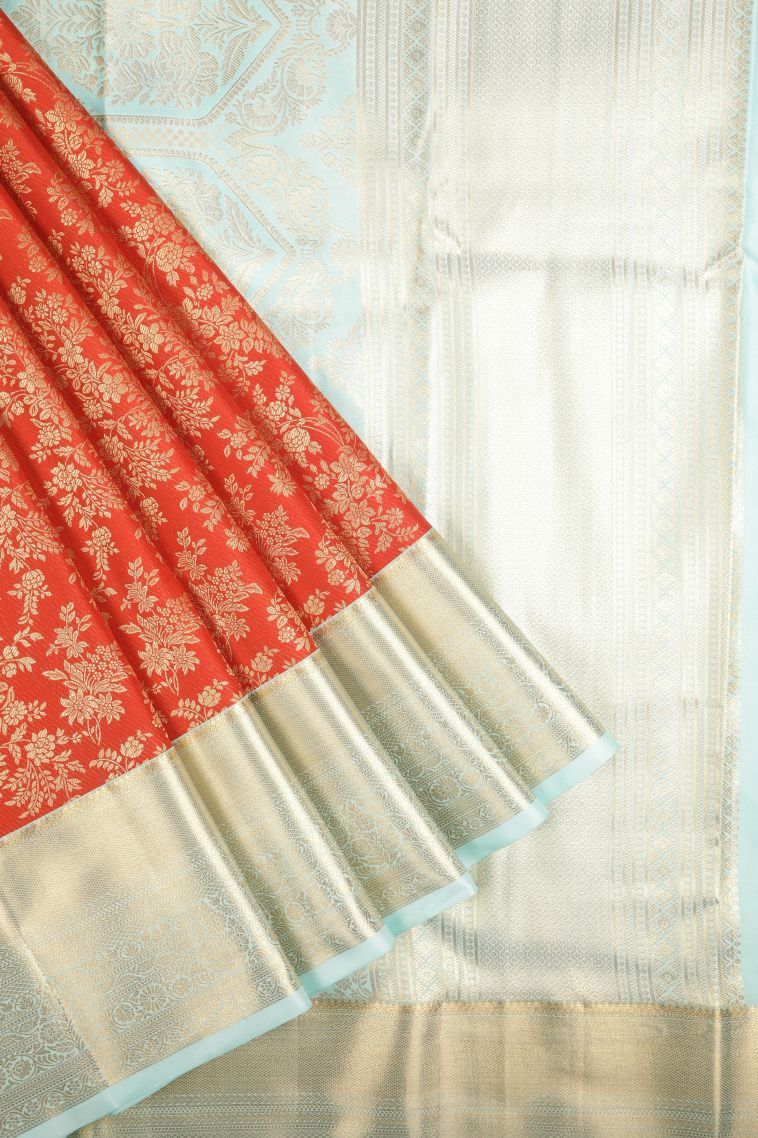 Candy Orange Samudrika Pattu with Copper Zari Floral Patterns view 1