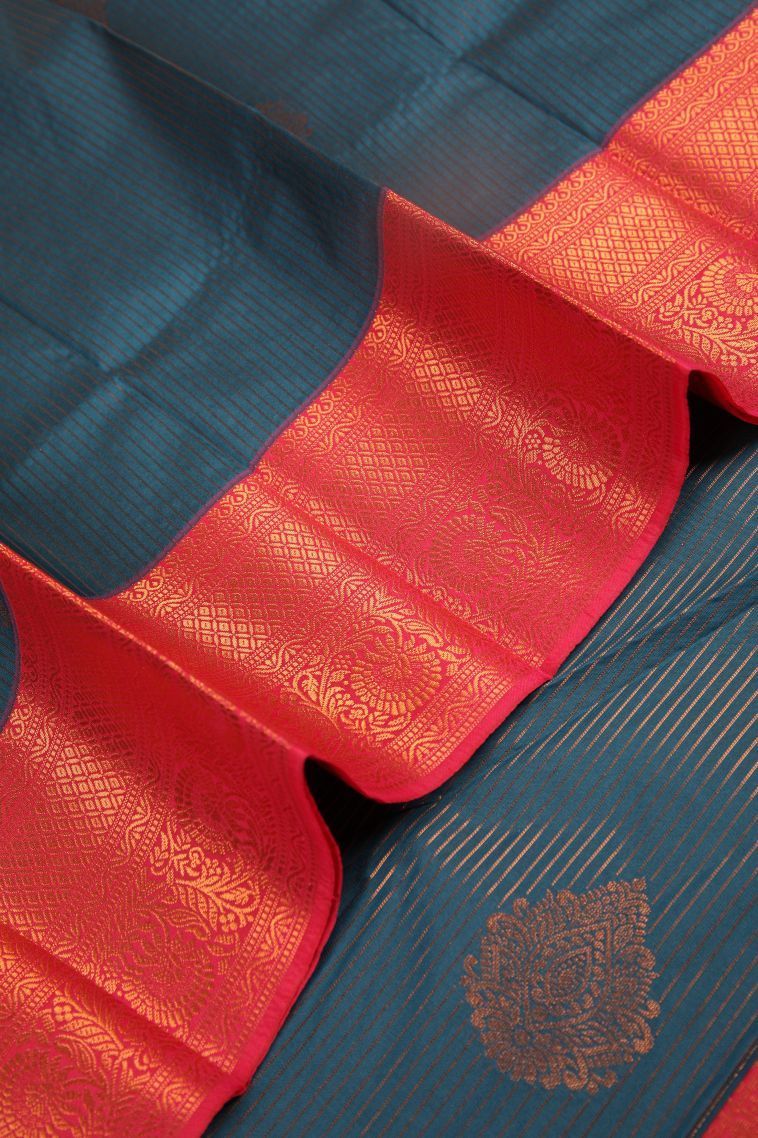 Aegean Blue Visiri Madippu Silk Sarees with Copper Zari Stripes view 4