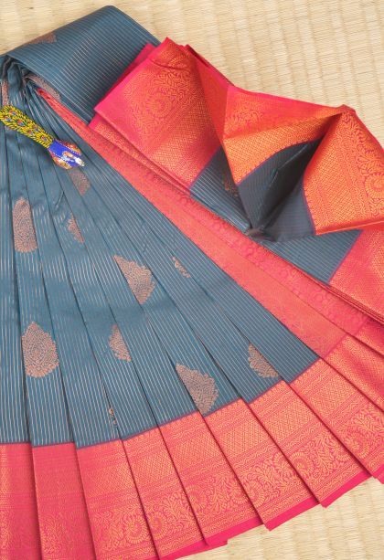 Aegean Blue Visiri Madippu Silk Sarees with Copper Zari Stripes