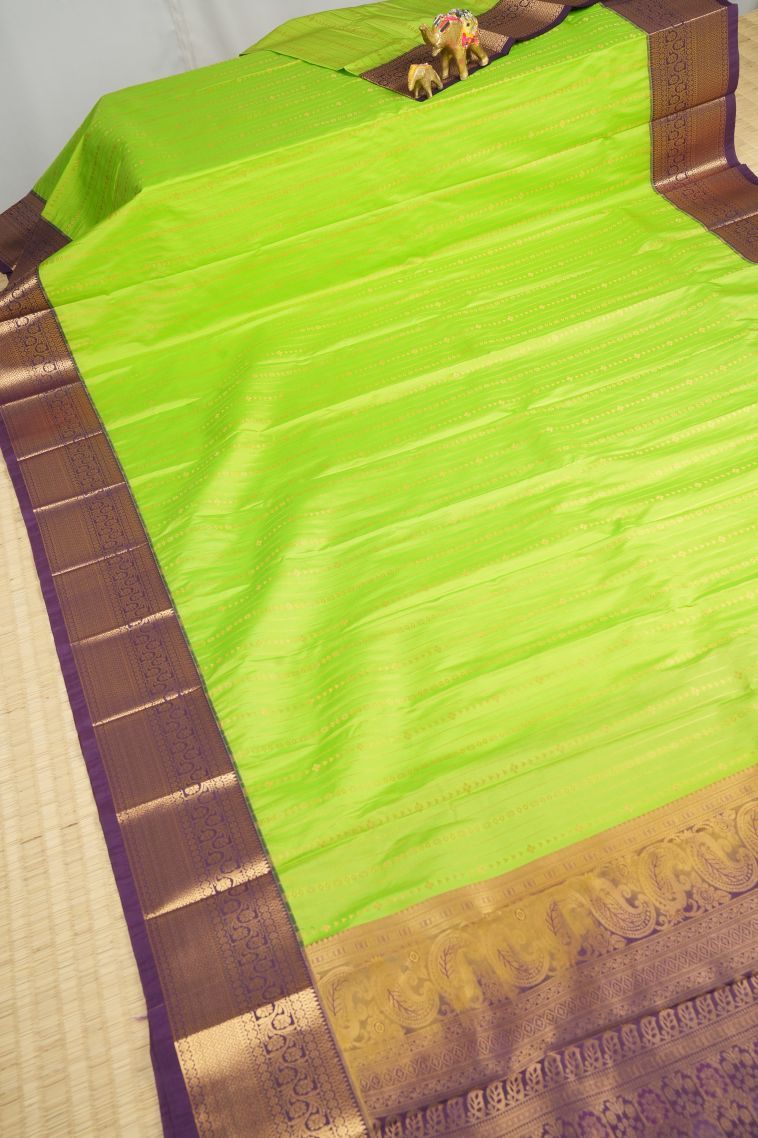 Chartreuse Green Visiri Madippu Silk Sarees with Copper Zari Stripes view 2