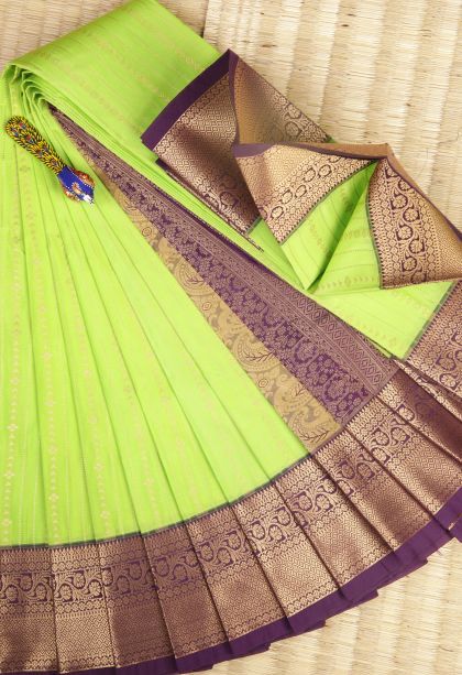 Chartreuse Green Visiri Madippu Silk Sarees with Copper Zari Stripes