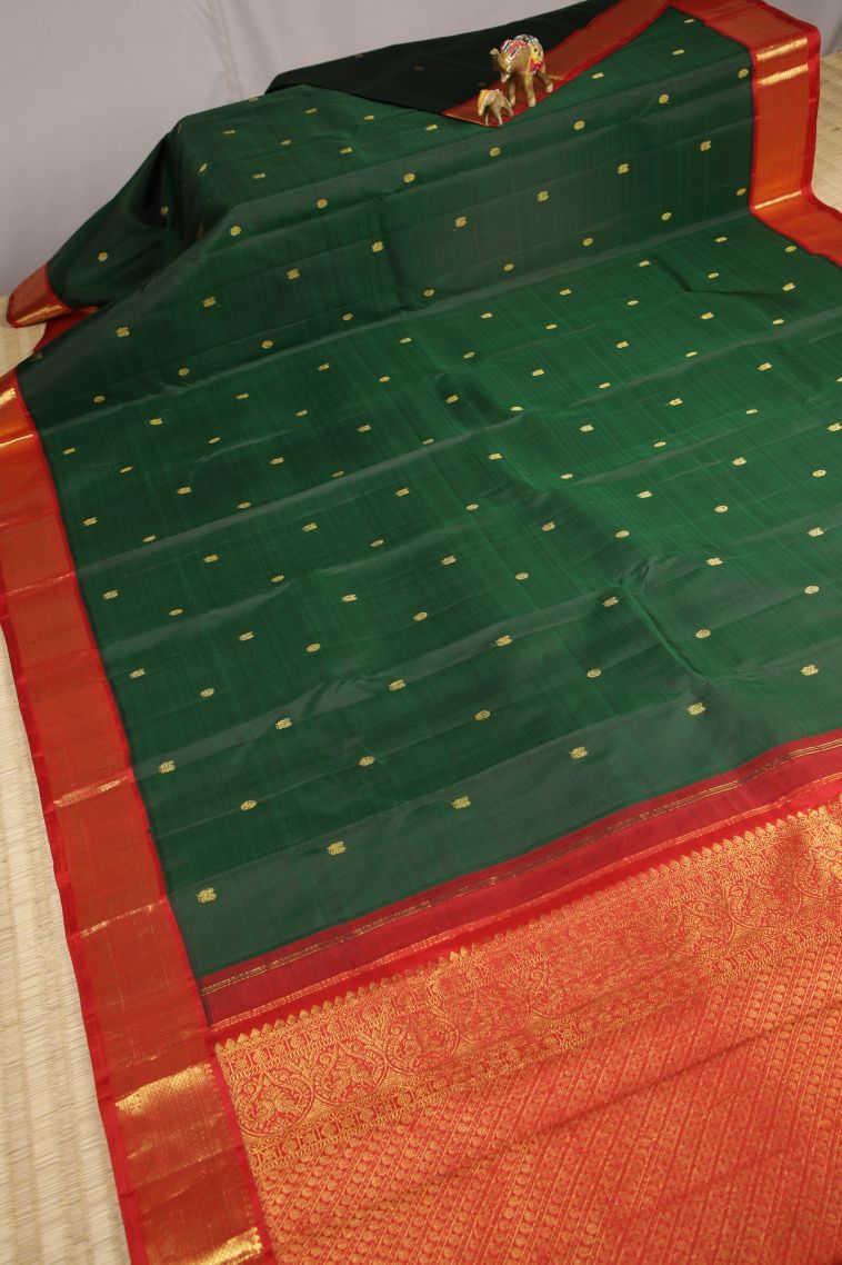 Bottle Green Kanchipuram Silk Sarees with Gold Zari Buttis (small Dots Or Motifs) view 2