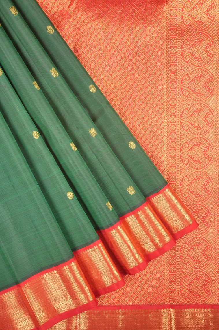 Bottle Green Kanchipuram Silk Sarees with Gold Zari Buttis (small Dots Or Motifs) view 1